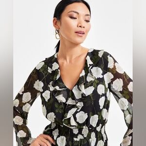 I.N.C Ruffled Floral Smocked-Waist Dress Size Large